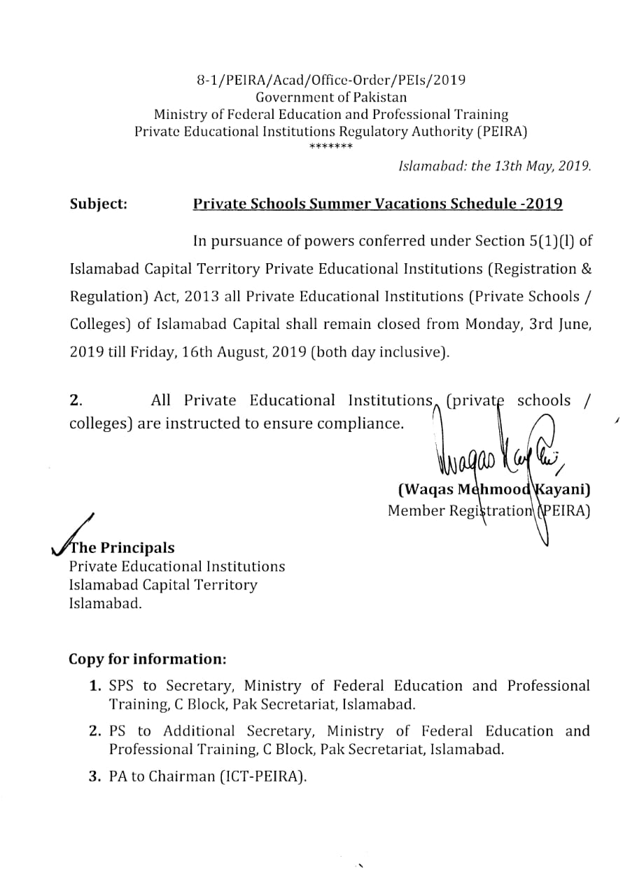 Private Schools Summer Vacations Schedule 2019 