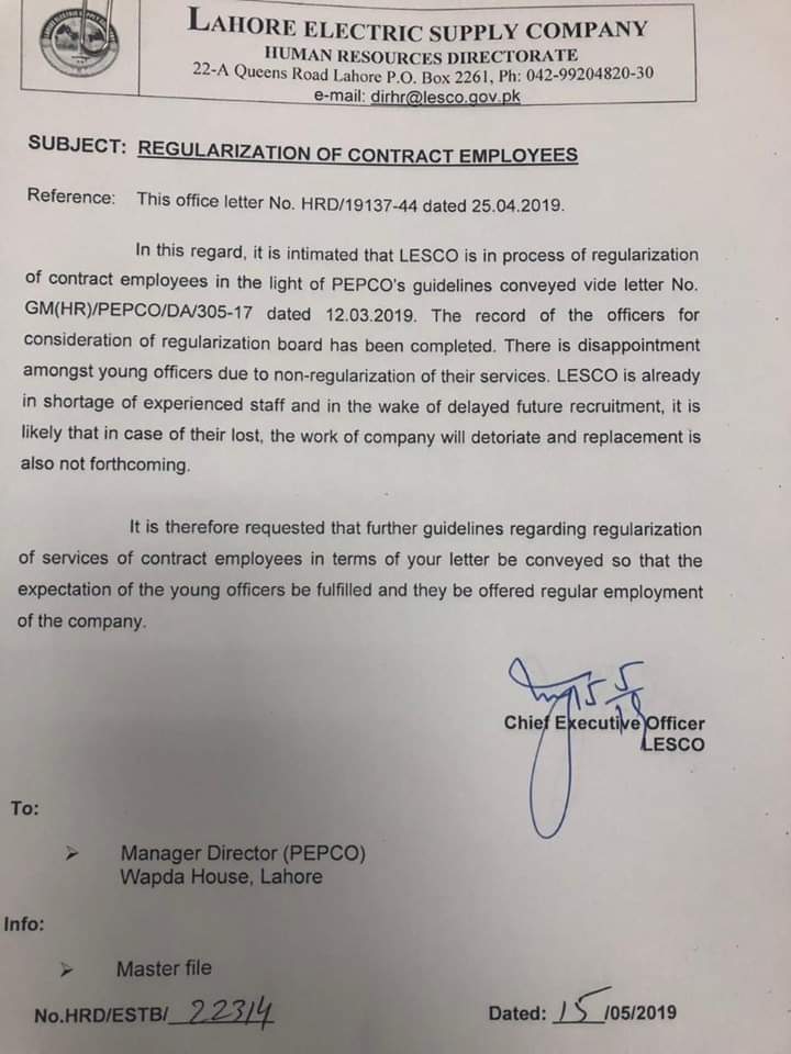 Regularization of Contract Employees of LESCO 