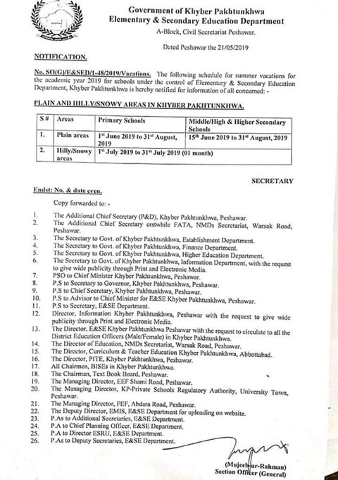 NotiSummer Vacations for KPK Schools 2019