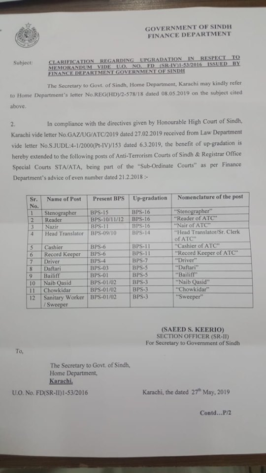 Upgradation of the Posts of Anti-Terrorism