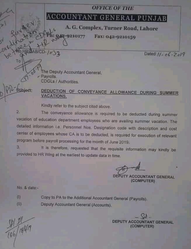 Deduction of Conveyance Allowance Punjab Employees
