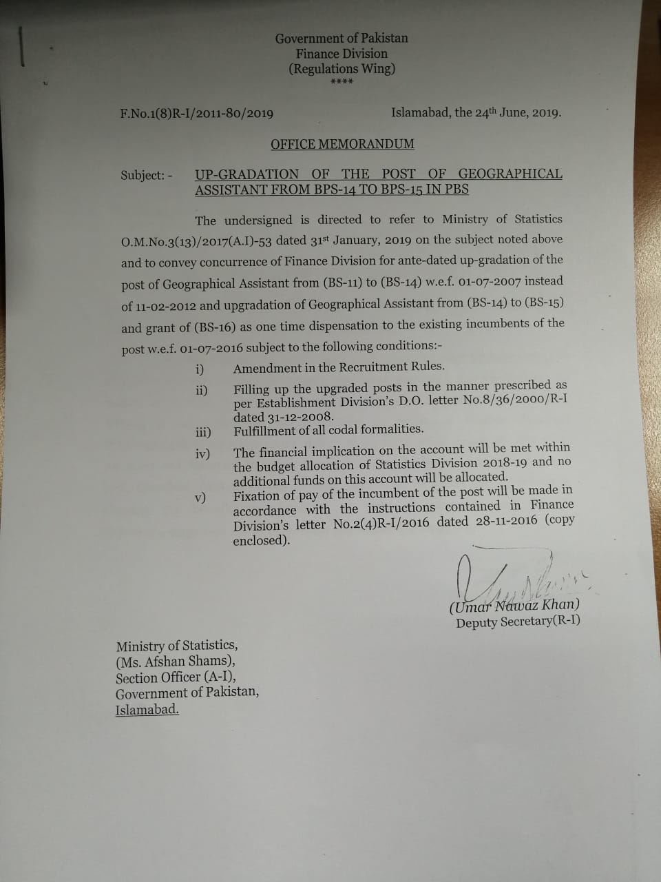 Upgradation of the Post of Geographical Assistant 