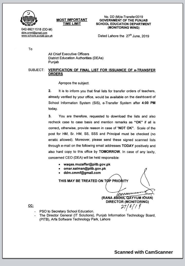 Issuance Of E Transfer Orders Verification Of Final List