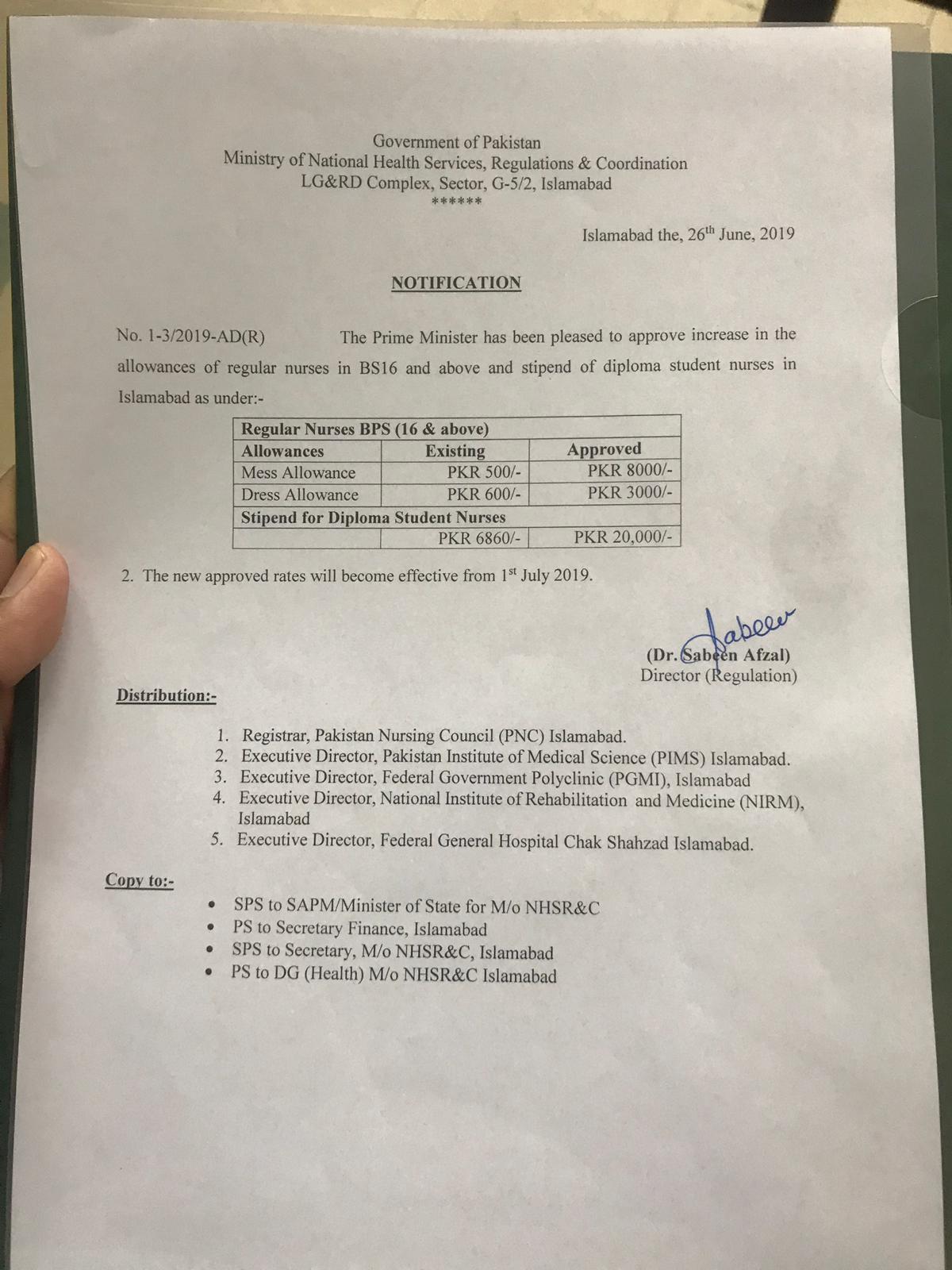 Notification of Increase Dress Allowance