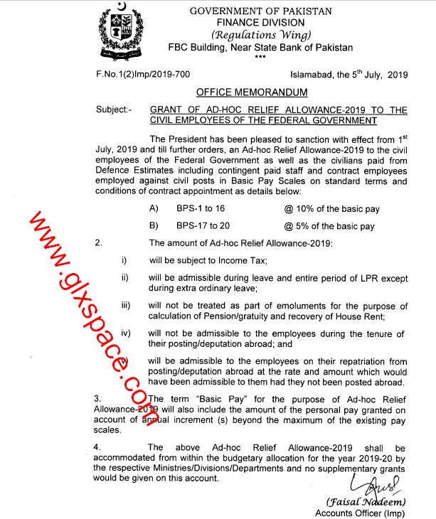 Adhoc Relief Allowance 2019 