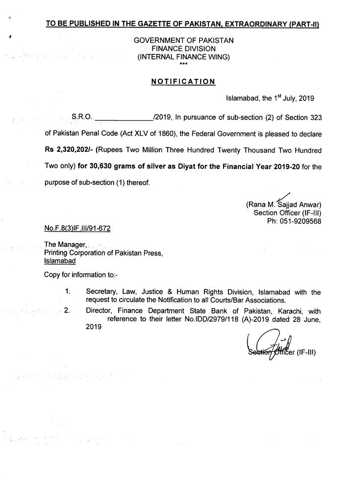 Notification of Diyat for Financial Year 2019-20