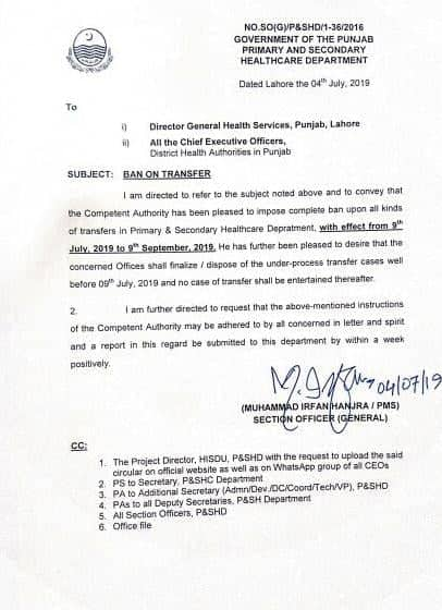 Transfer Health Department Punjab 