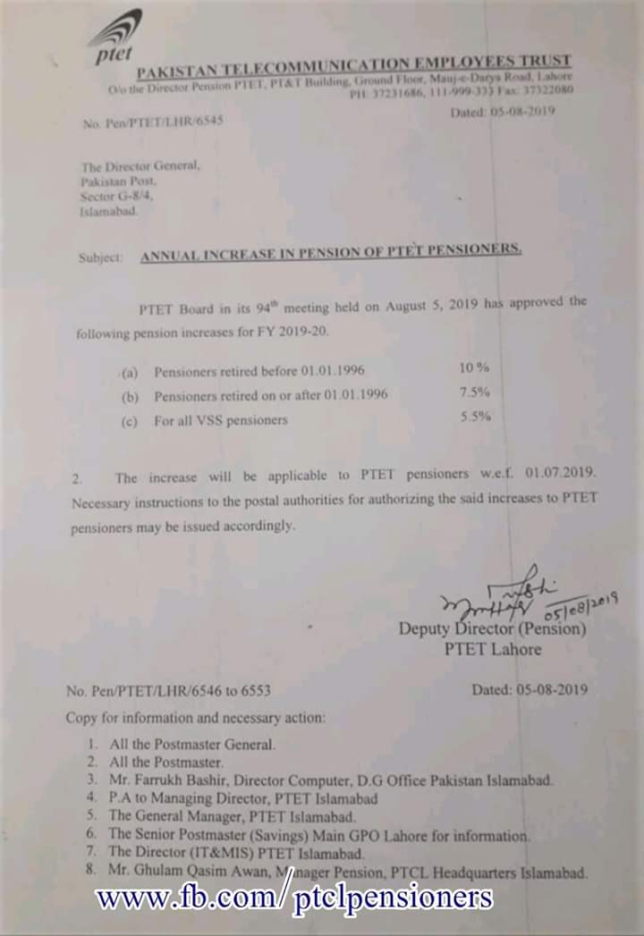 Annual Increase in Pension of PTET Pensioners -Notification