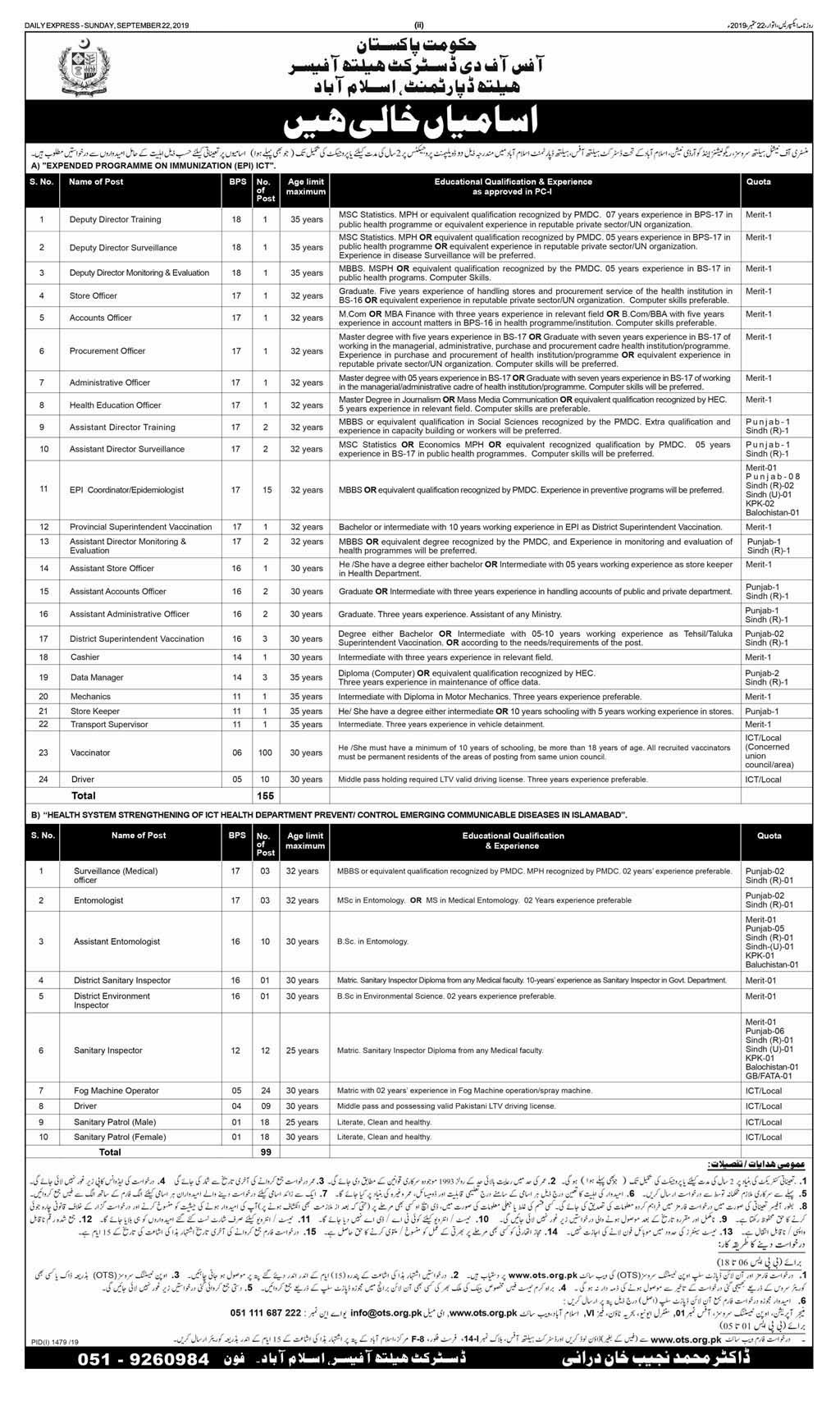 Advertisement of Jobs in Health Department Islamabad 2019