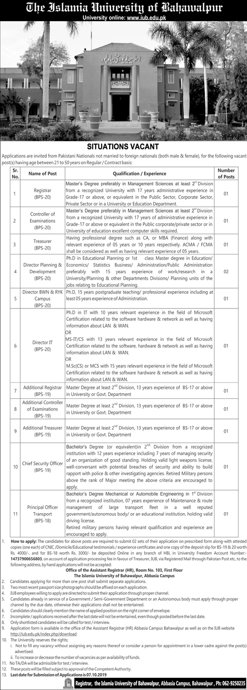 Jobs in Islamia University of Bahawalpur 2019