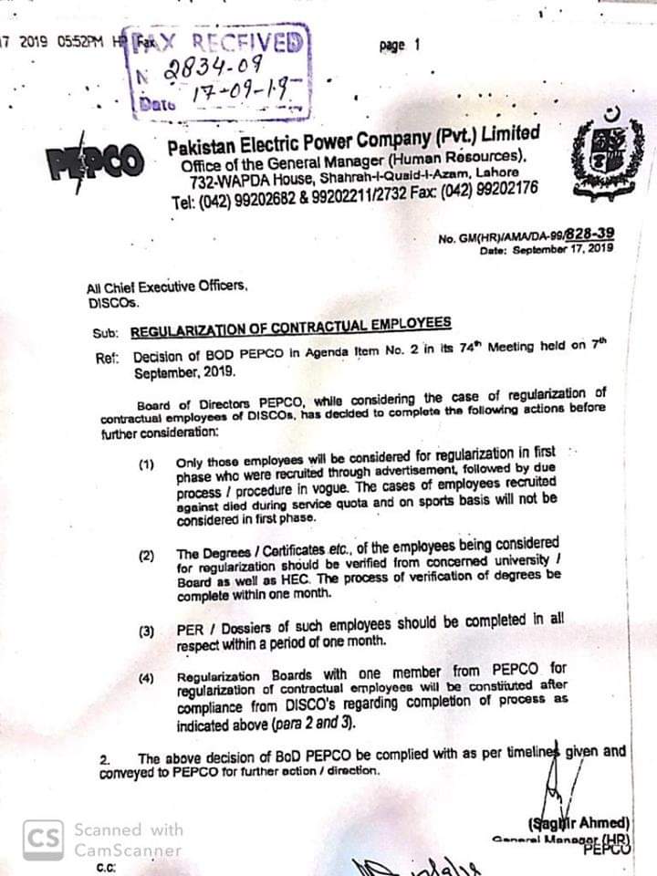 Regularization of Contractual Employees of DISCOs
