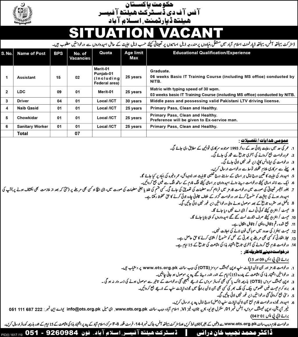 Situation Vacant in District Health Office