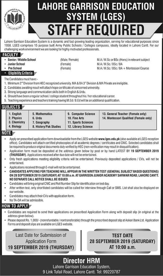 Teaching Jobs in Lahore Garrison Education System