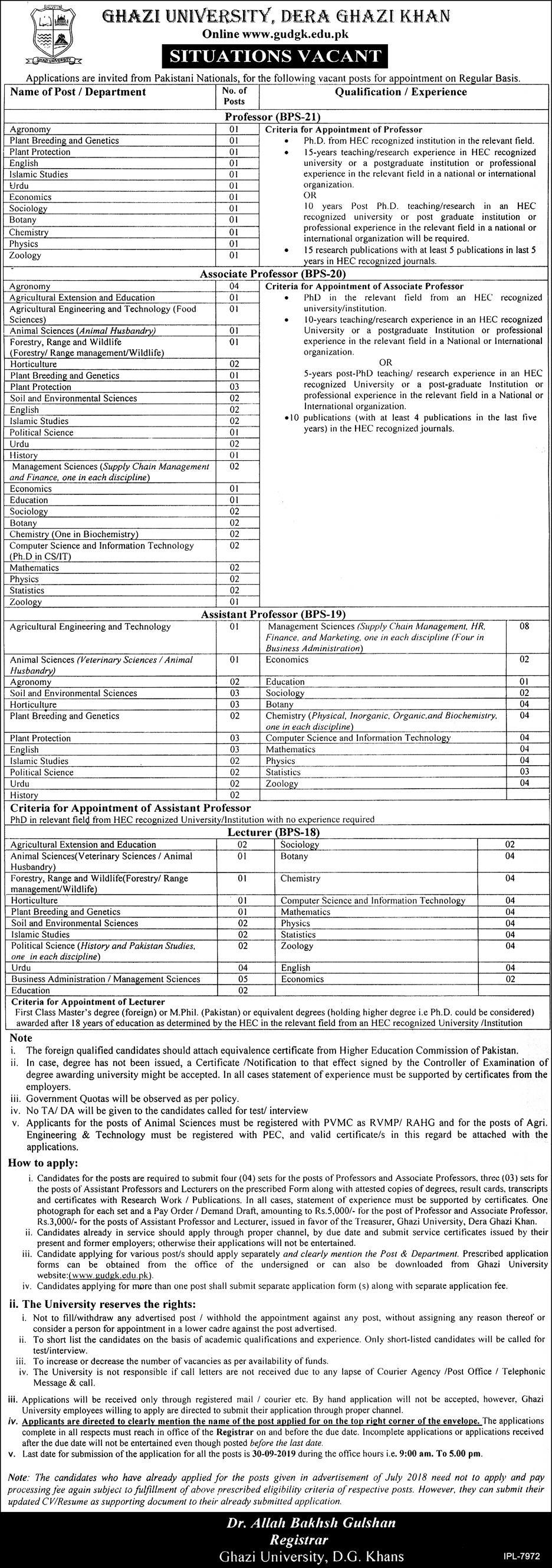 Teaching Staff Vacancies Ghazi University