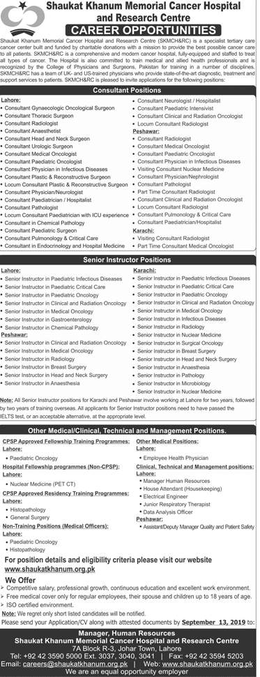 Vacancies in Shaukat Khanum Memorial Cancer Hospital