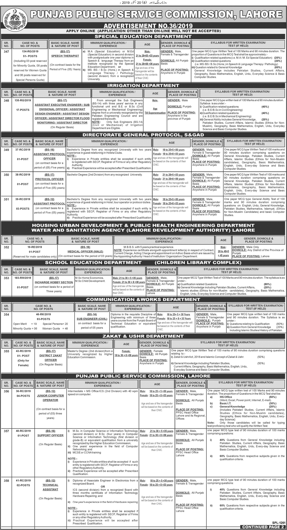 Job Opportunities PPSC Advertisement No. 36 2019
