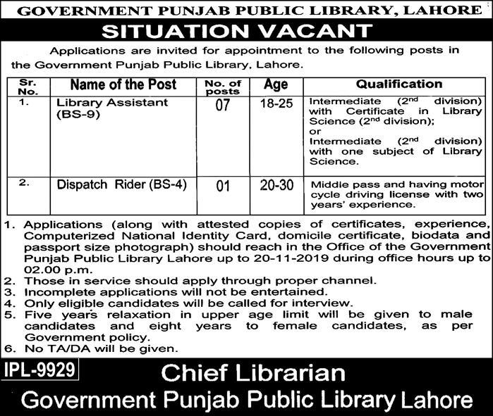 Punjab Public Library Jobs 2019