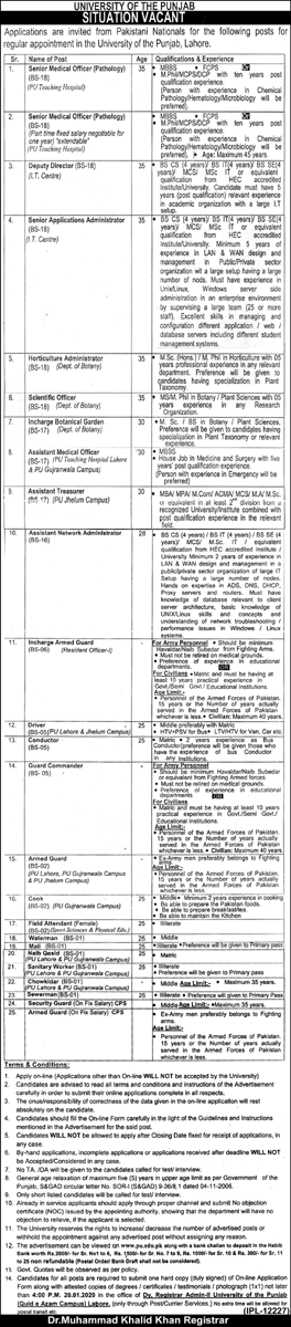 Situation Vacant University of Punjab Lahore