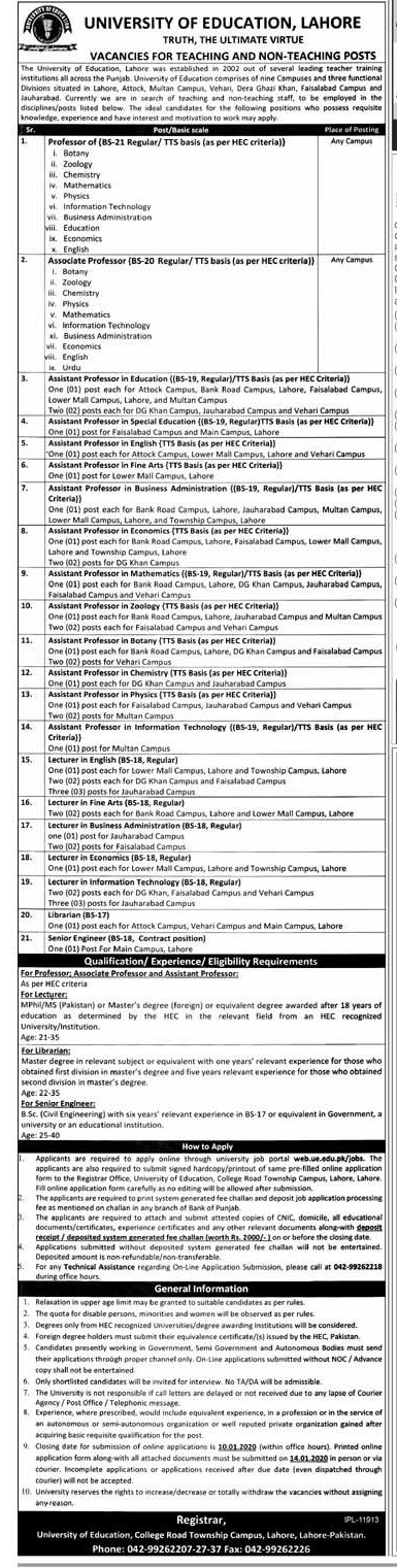 University of Education Lahore Vacancies of Teaching and Non-Teaching