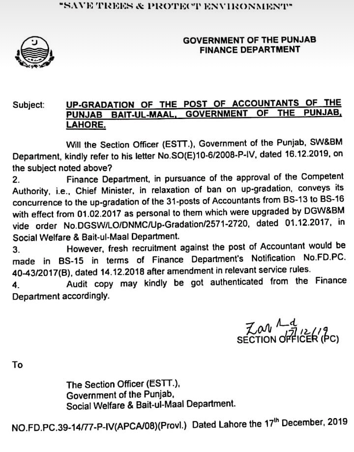 Upgradation of the Post of Accountants Punjab Bailt-ul-Maal