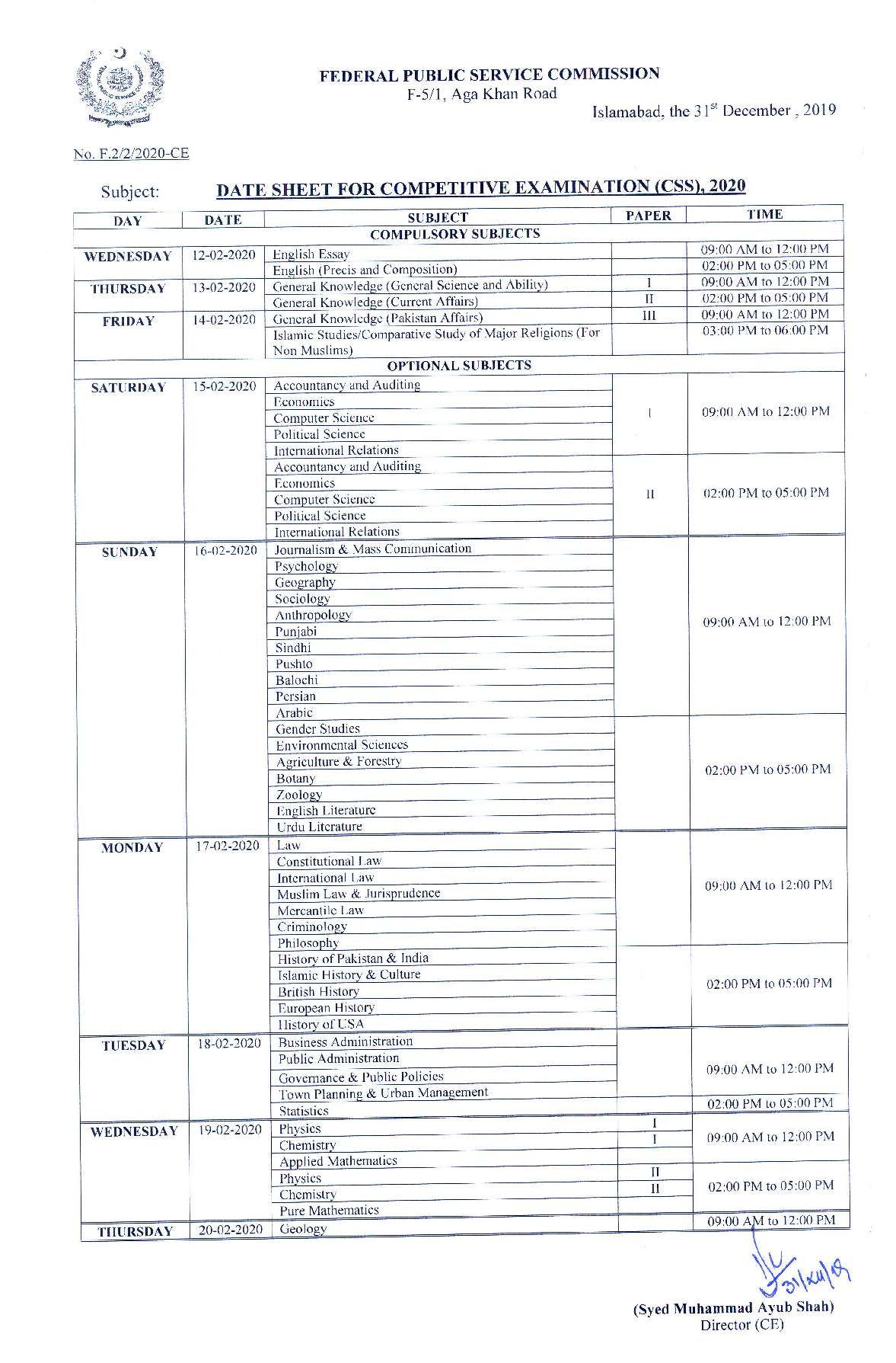 Date Sheet CSS Competitive Examination 2020