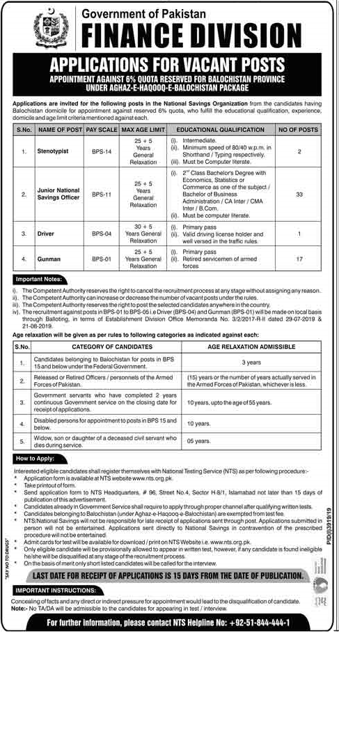 Job Opportunities in Finance Division Govt of Pakistan through NTS