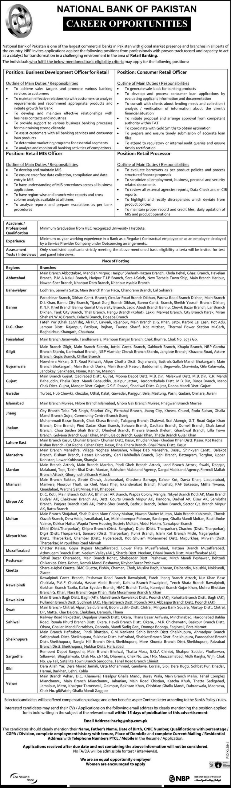 National Bank of Pakistan Jobs for Retail Banking