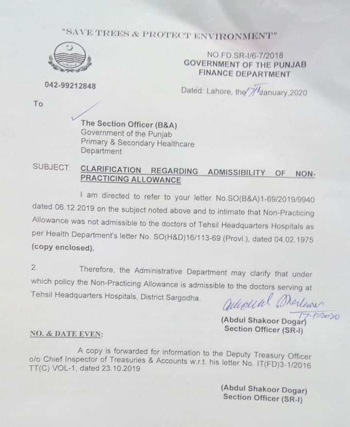 Non Practicing Allowance Health Department