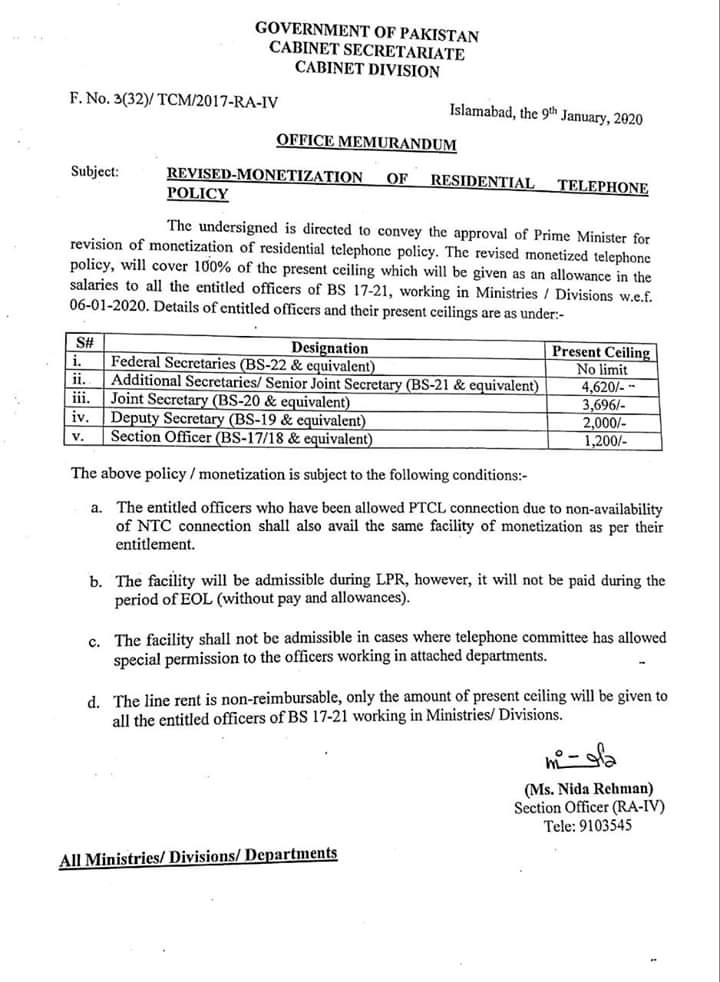 Revised Monetization Residential Telephone Policy 2020