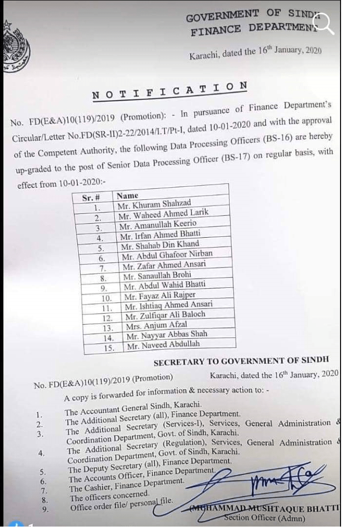 Upgradation of Data Processing Officers to BPS-17