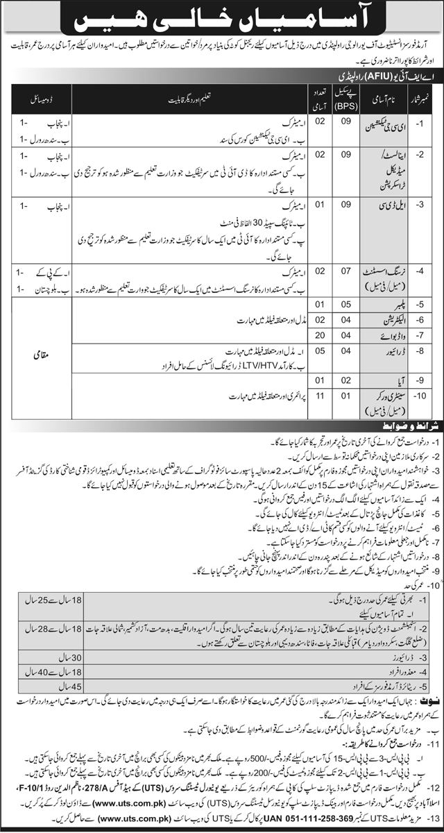 Vacancies in Armed Forces Institute of Urology through UTS