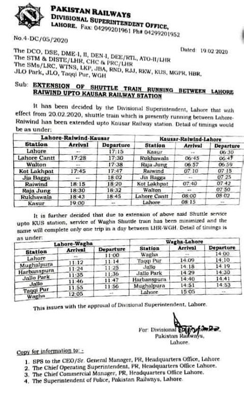 Extension Shuttle Train Service between Lahore to Kasur
