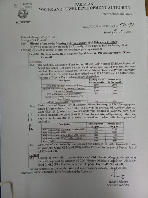 Revision Special Pay APS Steno Grade-II WAPDA