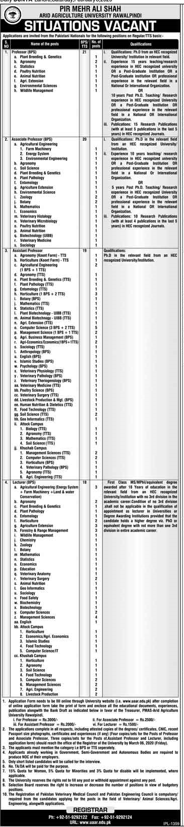 Situation Vacant Arid Agriculture University Rawalpindi 2020