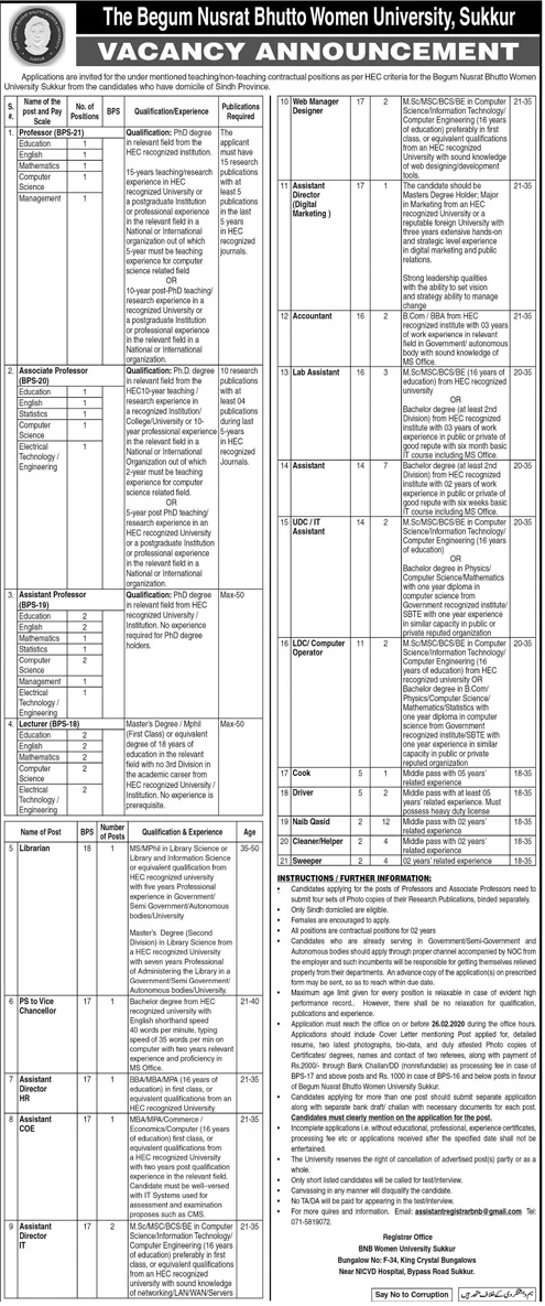 Teaching Jobs in BNB Women University Sukkur