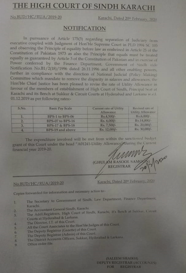 Utility Allowance Sindh Courts