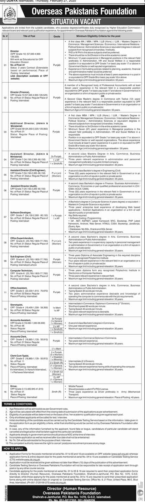Vacancies in Overseas Pakistanis Foundation