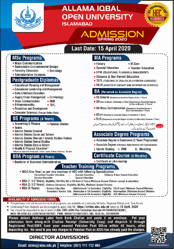 AIOU Admission Open Spring 2020