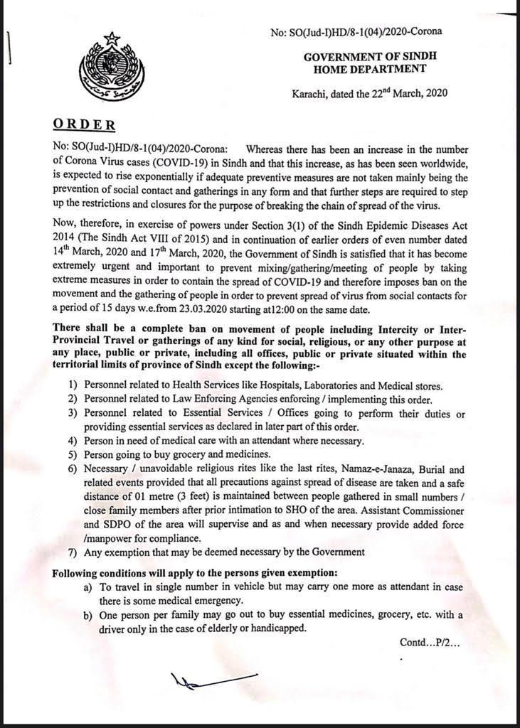 Ban on Movement and Gathering of People in Sindh