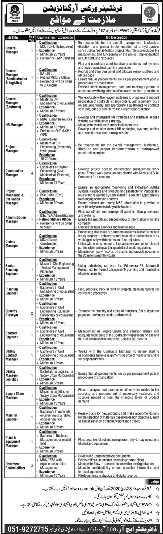 Jobs in FWO 2020 for Diamer Bhasha Dam Project