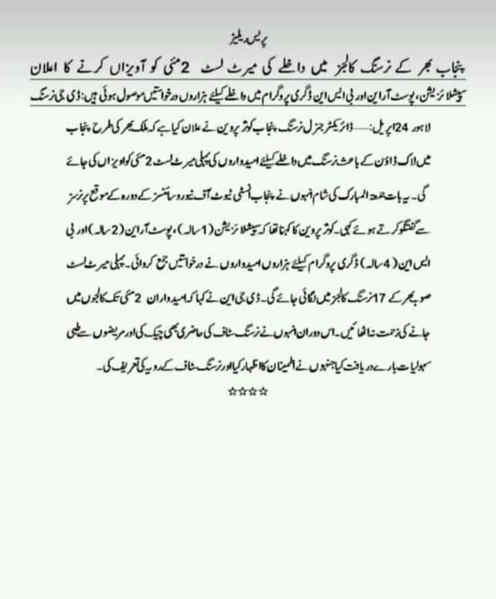Merit List BS Nursing 4 Years Diploma