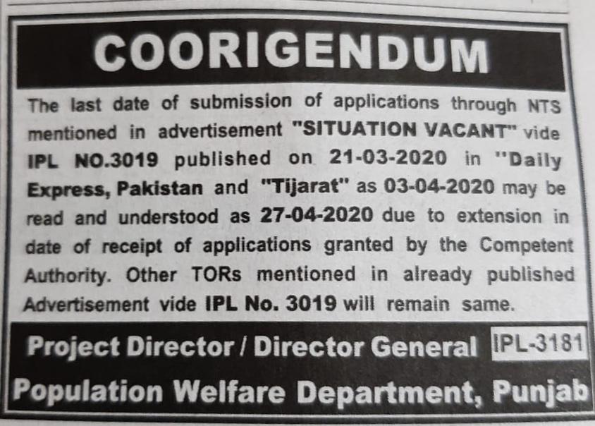 Corrigendum Jobs in Population Welfare Department