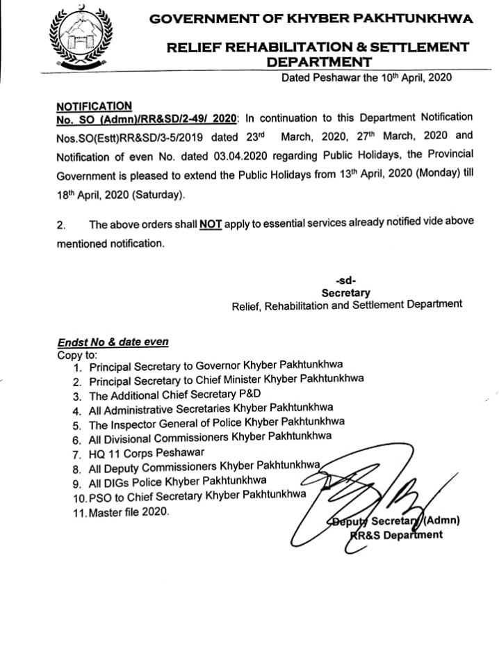 Further Extension Public Holidays KPK 2020