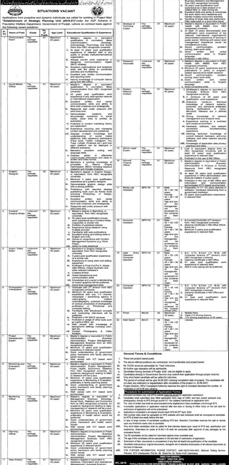 Jobs in Population Welfare Department Punjab through NTS