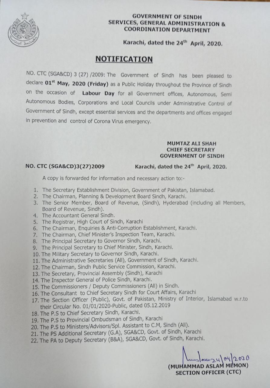 Public Holiday on 1st May 2020 Sindh