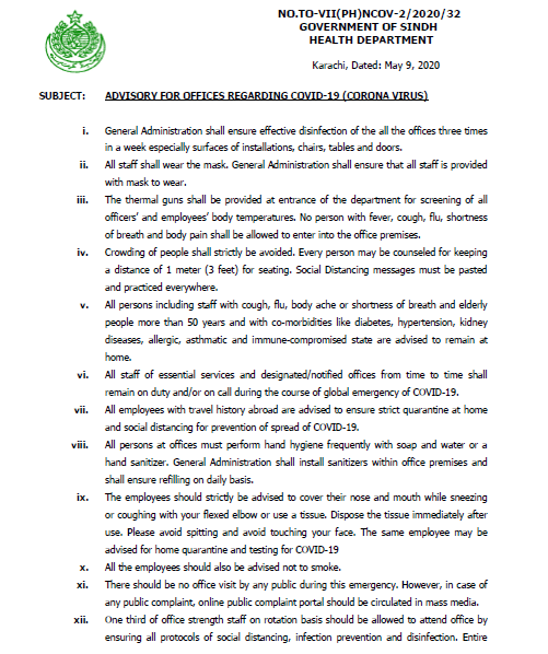 Advisory for Government Employees and Offices Sindh