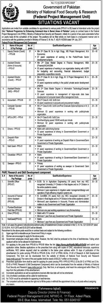Job Vacancies in Ministry of National Food Security & Research 2020