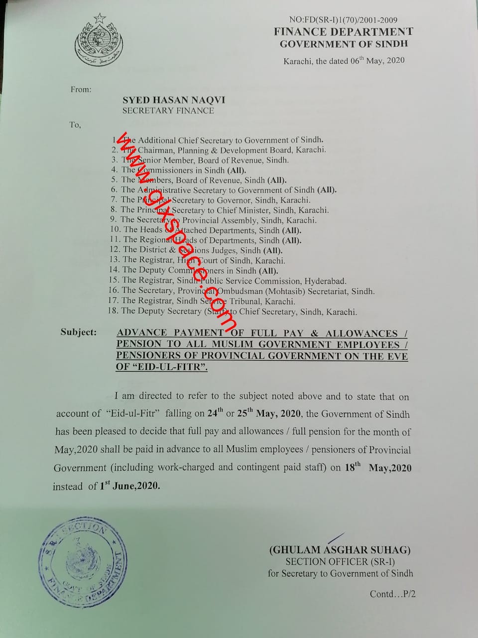 Sindh Govt Advance Payment of Full Pay & Allowances and Pension May 2020