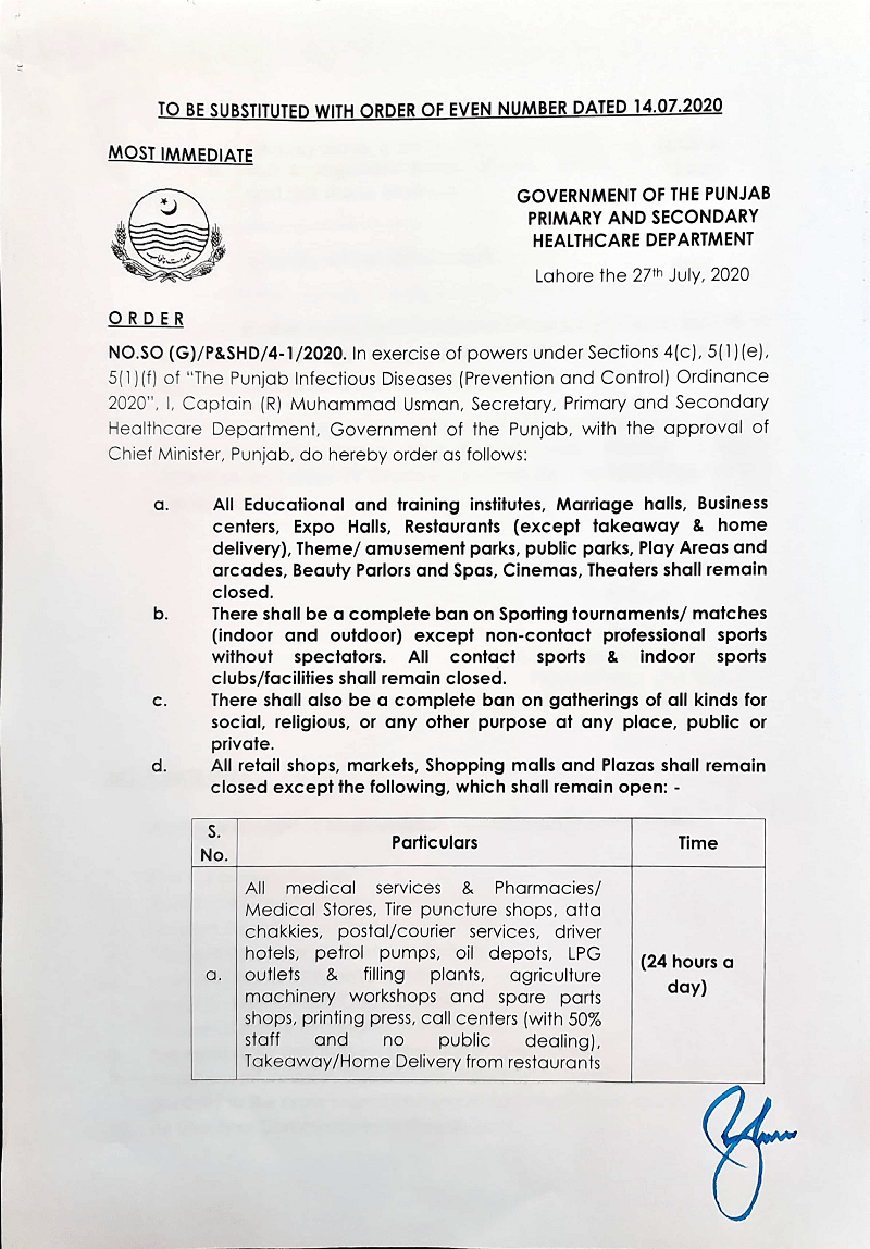 Notification of Lock Down in Punjab wef 28-07-2020 to 05-08-2020