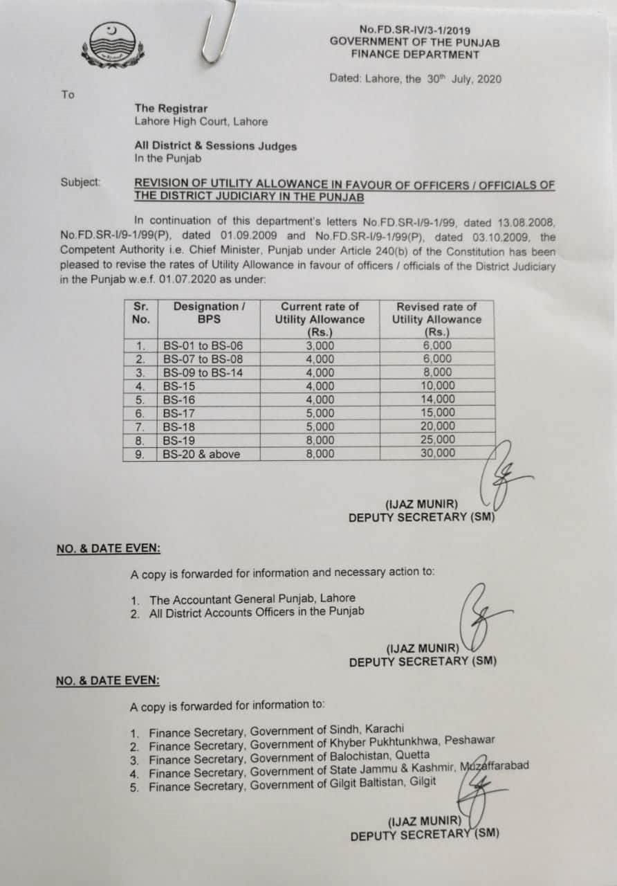 Notification of Revision Utility Allowance to District Judiciary Punjab